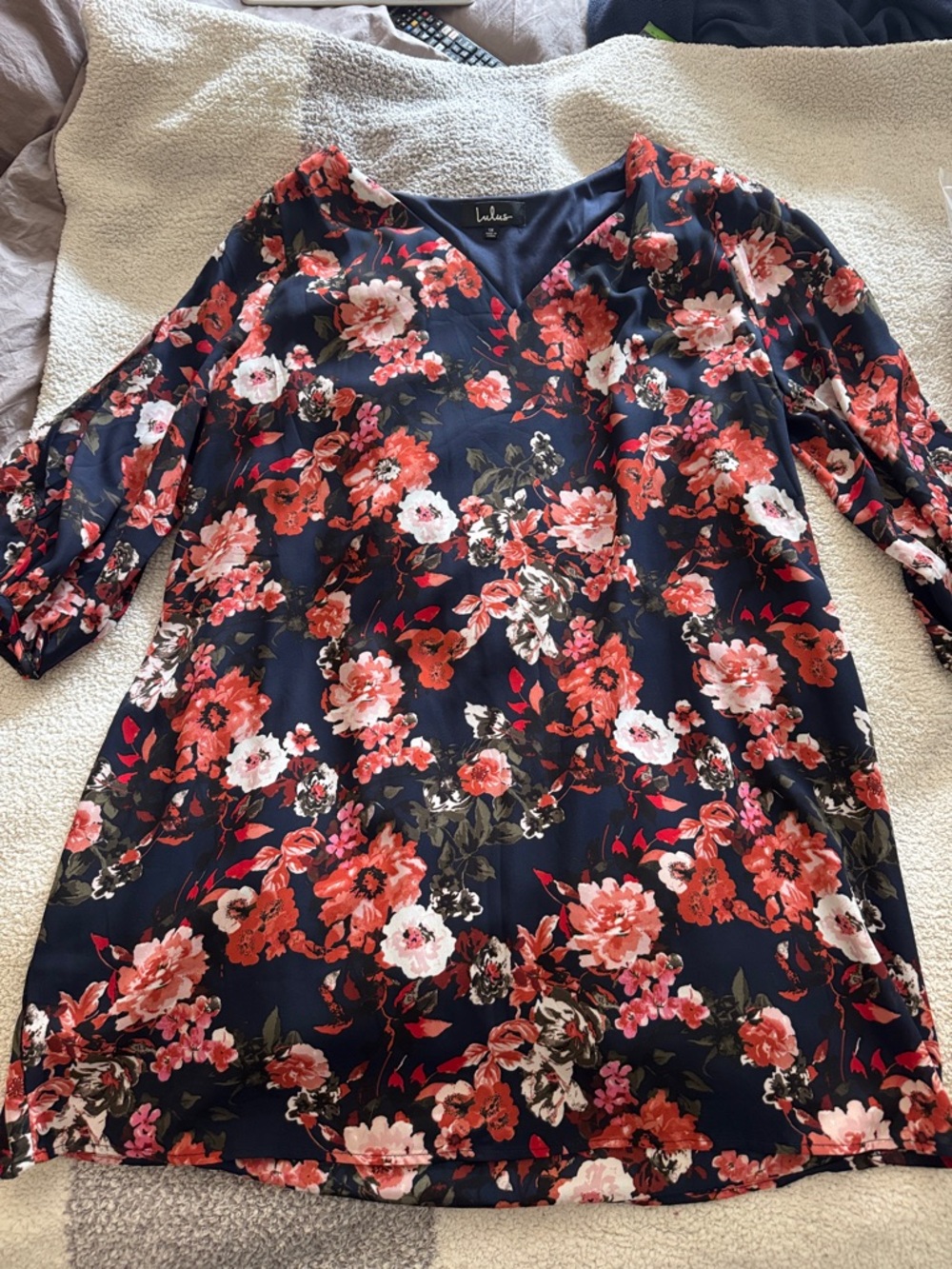 Lulu's Navy Midi Dress with Pink & Coral Floral Print